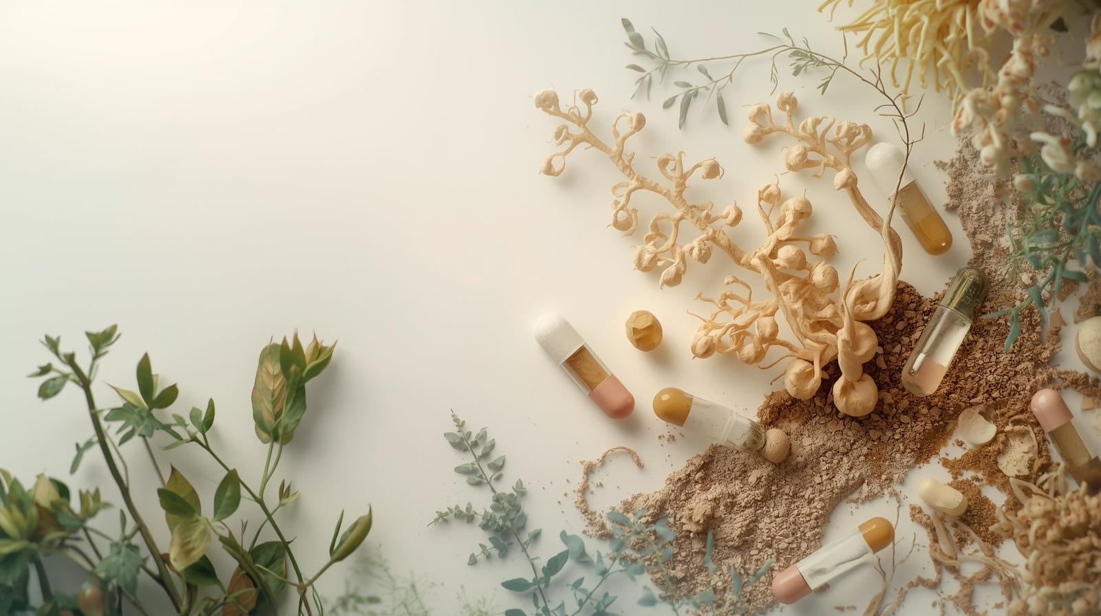 Wooden spoons with various powders and pills on a light background with decorative elements.