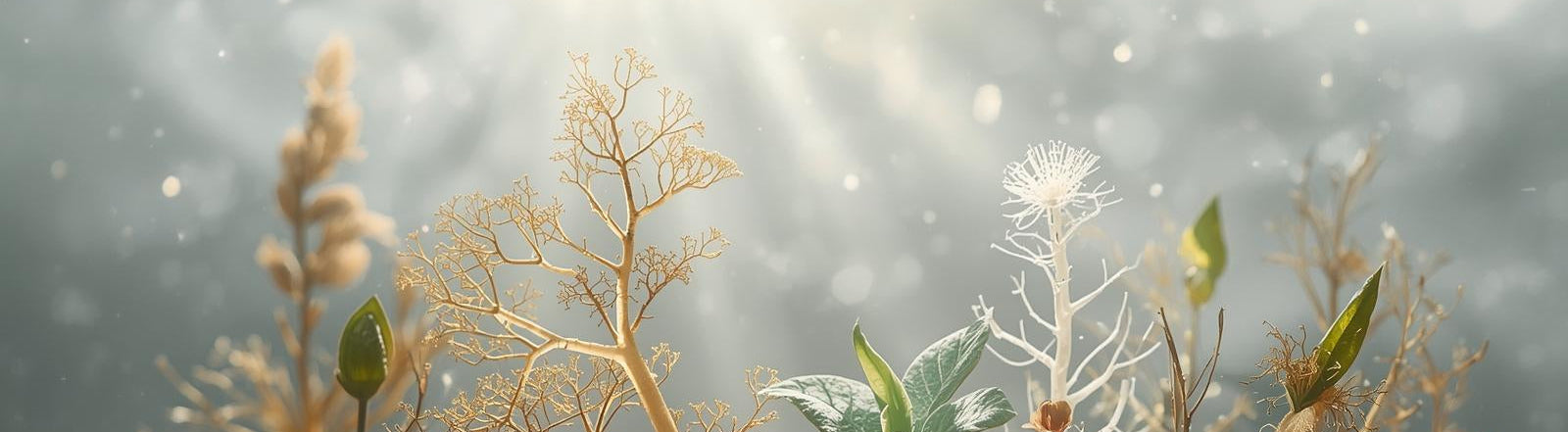 Miniature forest with various plants and trees on a gray background