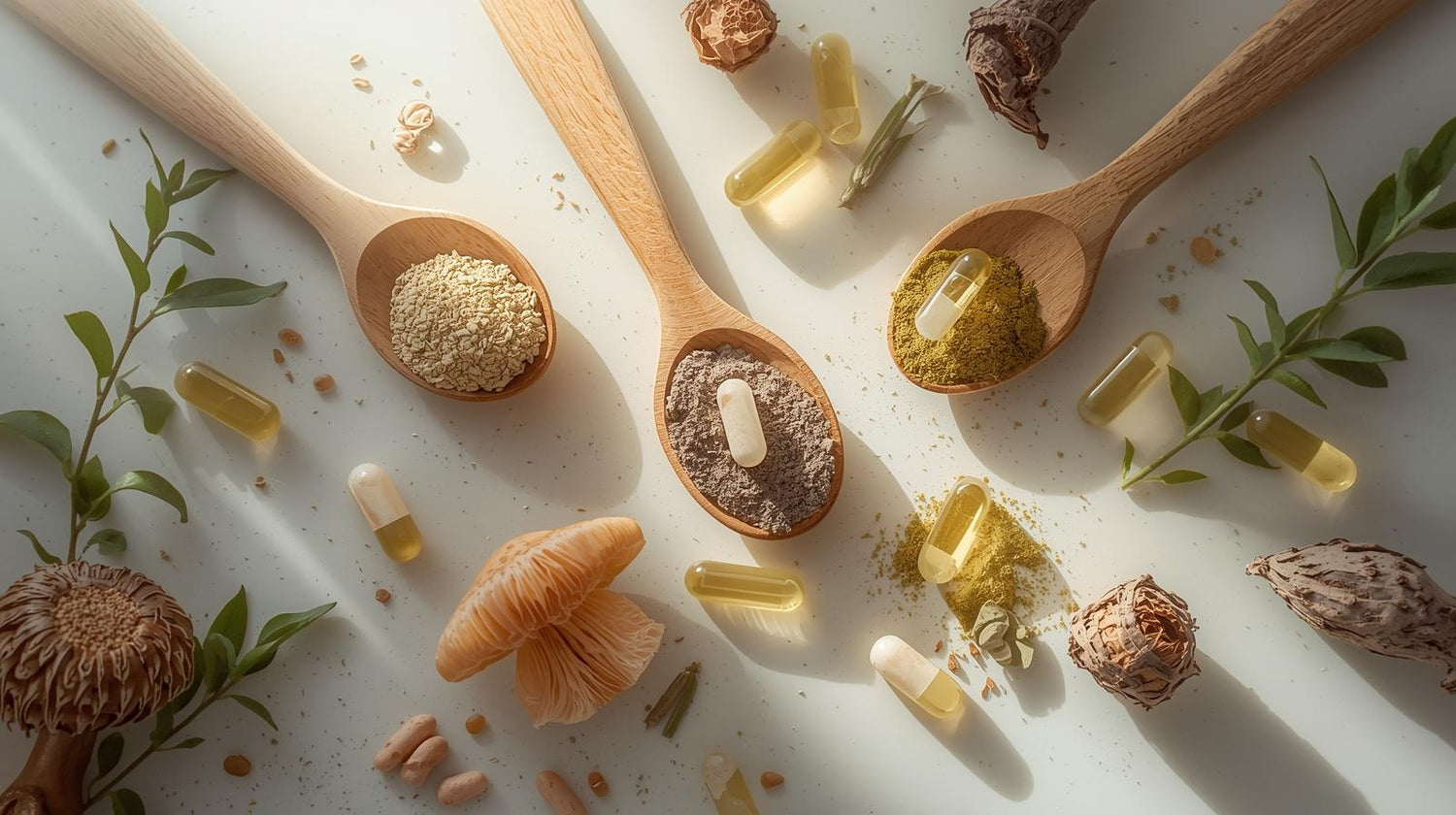 Wooden spoons with various natural ingredients on a light background