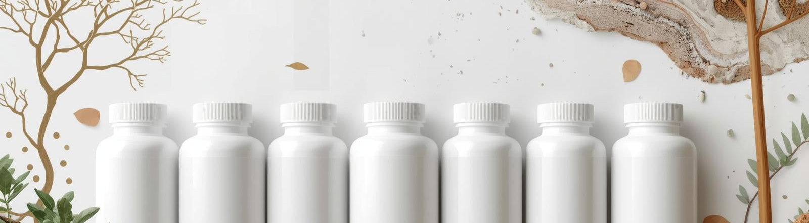 Row of white bottles on a natural background with trees and soil.