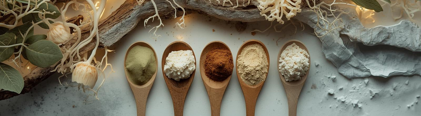 Wooden spoons with various powders on a textured surface with plants