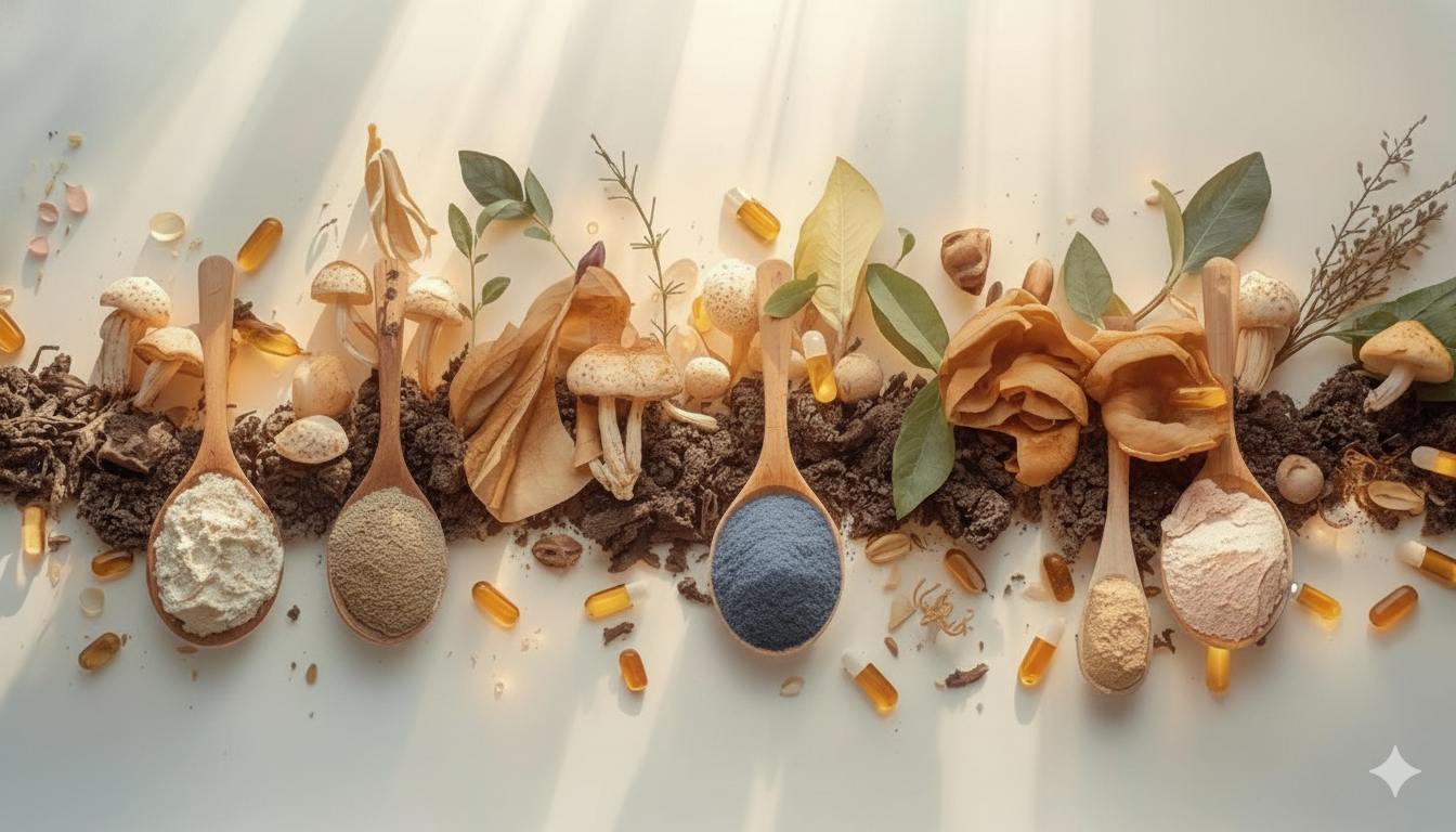 Wooden spoons with various powders and natural elements on a white background